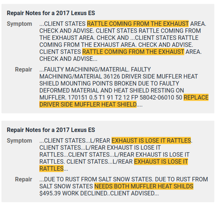 Figure 3. Technician repair notes for actual Lexus ES muffler heat shield replacements.