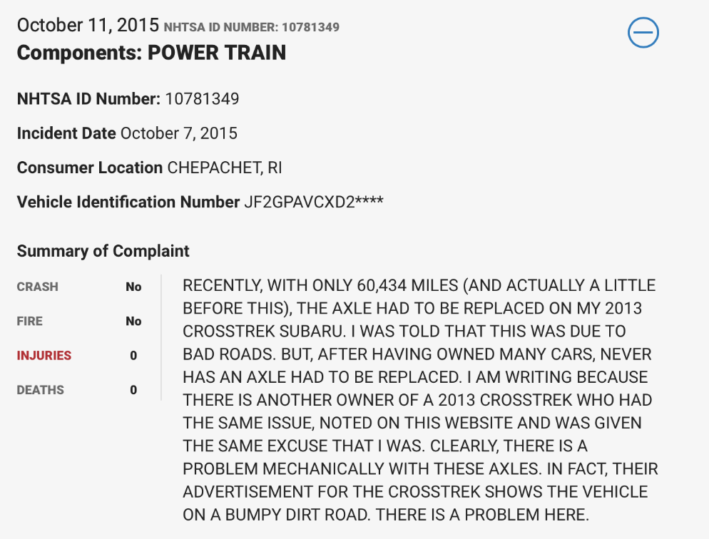 Subaru CrossTrek complaint on NHTSA